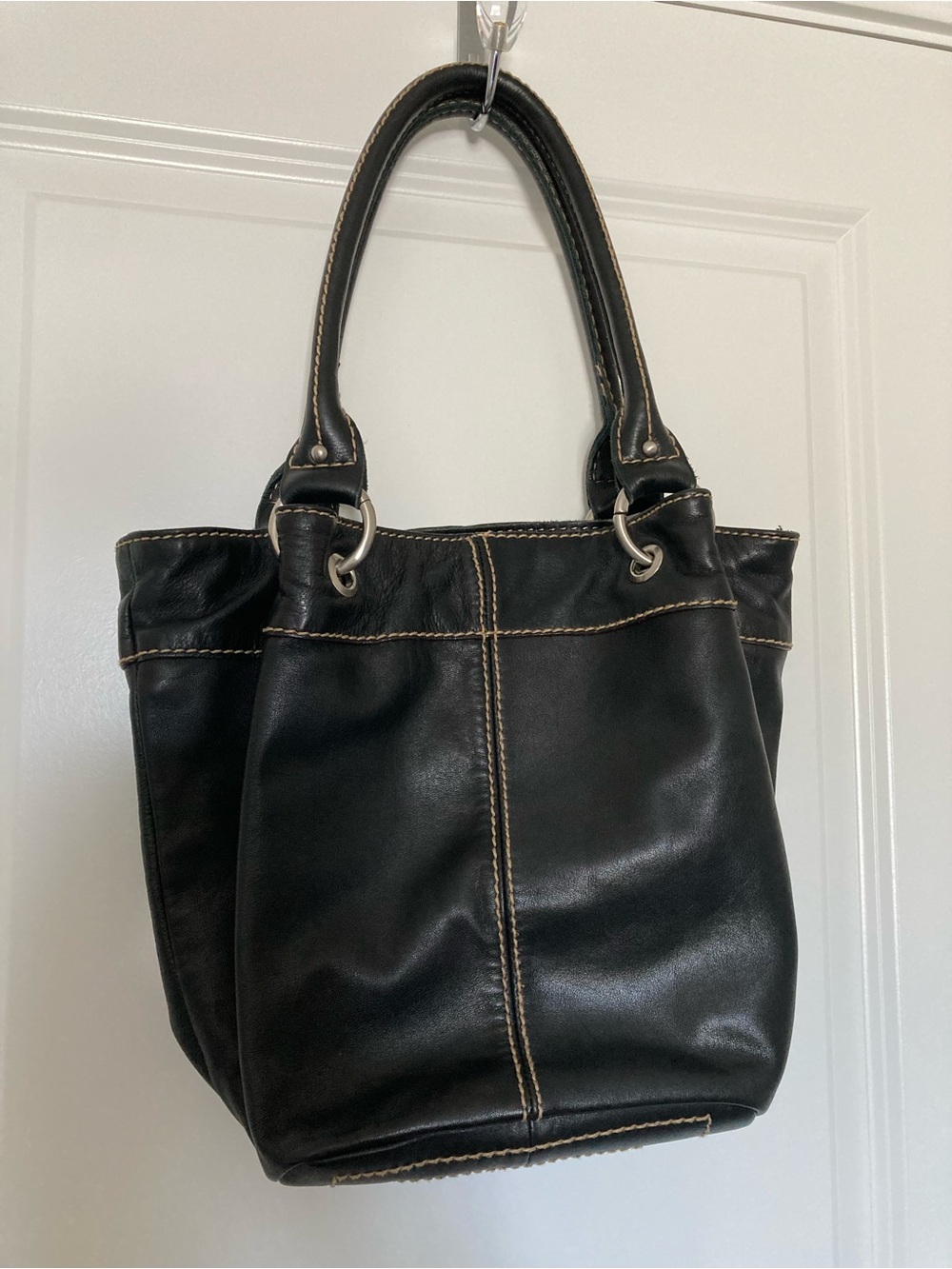 Tignanello Black Leather Mini Tote with Contrast Stitching